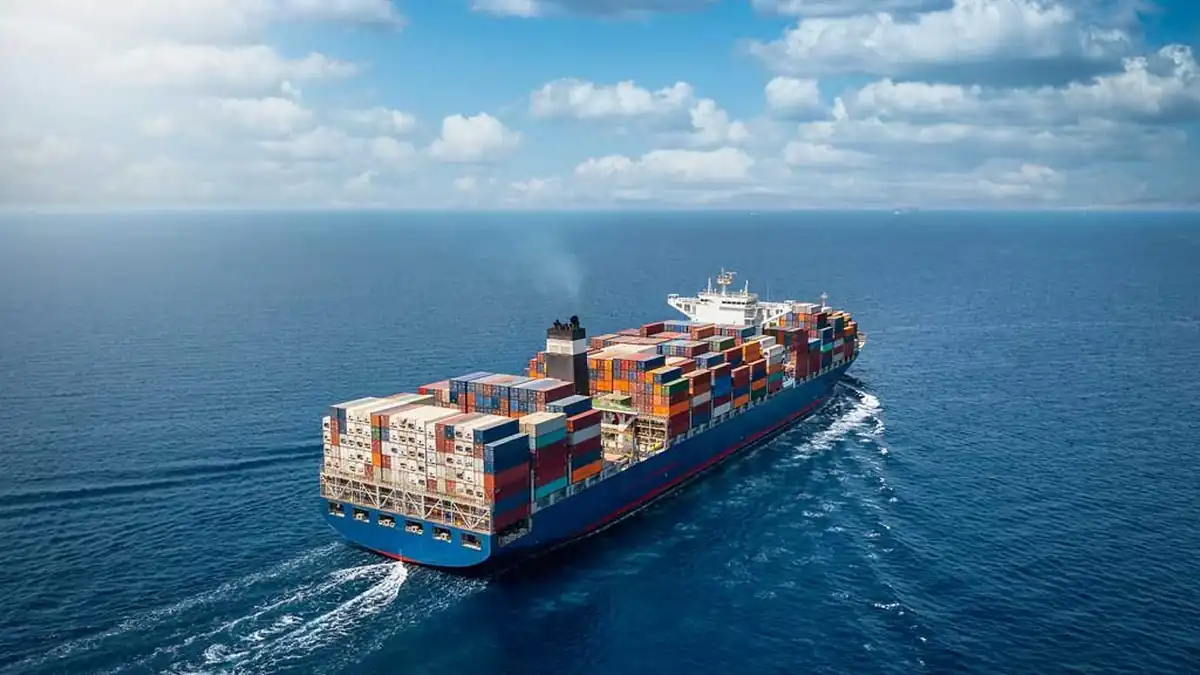 Fully loaded container ship at sea, seen from above.