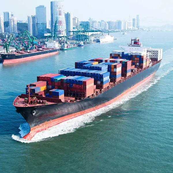 Container ship under way past a port skyline, quay cranes on the wharf behind.